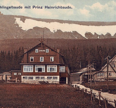 Schlingelbaude, nad schroniskiem widać w na brzegu kotła Prinz Heinrich Baude 